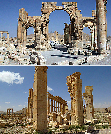 Arco do Triunfo, localizada na cidade histórica de Palmira, na Síria, em junho de 2010 (acima), e em outubro de 2015, após os ataques do grupo Estado Islâmico na região Arco do Triunfo, localizada na cidade histórica de Palmira, na Síria, em junho de 2010 (acima), e em outubro de 2015, após os ataques do grupo Estado Islâmico na região