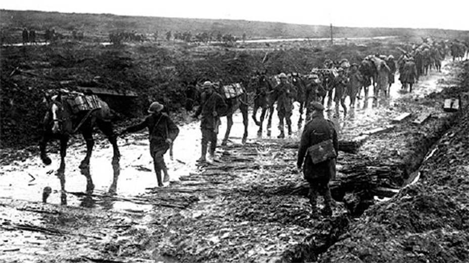 Cavalos são usados para transportar munição e rebocar a artilharia do exército francês, durante a I Guerra Mundial