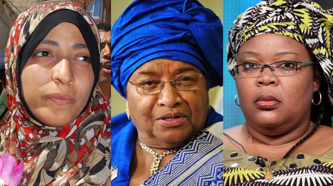 ganhadoras-nobel-da-paz-2011-original.jpeg As ganhadoras (a partir da esq.): Tawakkul Karman, Ellen Johnson Sirleaf e Leymah Gbowee