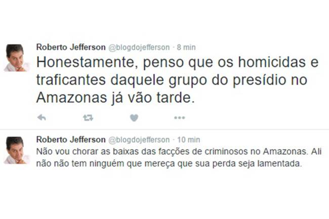 Tweet publicado na conta de Roberto Jefferson