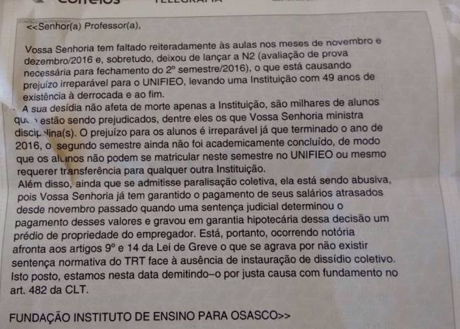 telegrama enviado pela Unifieo aos professores em 3 de fevereiro