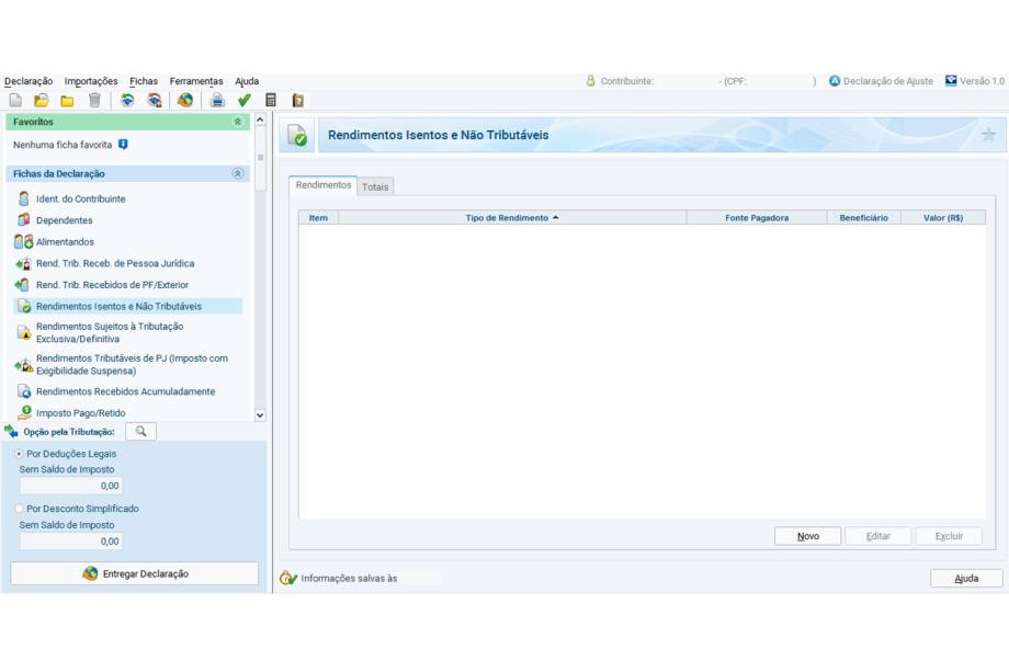 Na ficha “Rendimentos Isentos e Não Tributáveis” devem ser incluídos os rendimentos que, por determinação legal, não estão sujeitos à incidência de Imposto de Renda, como os rendimentos de poupança. O contribuinte deverá escolher o código mais adequado ao caso, incluindo as informações solicitadas. Os rendimentos de dependentes devem ser incluídos. Na aba “Totais” podem-se verificar todos os códigos e valores inseridos como não tributáveis.
