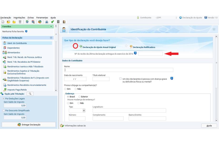 Escolher a opção “Declaração de Ajuste Anual Original”. A opção “Declaração Retificadora” deve ser marcada somente se já houve entrega de declaração neste ano e exista necessidade de algum ajuste. A informação do número do recibo de entrega do IRPF 2016 é obrigatória para quem tenha declarado imposto de renda naquele ano. Preencher os dados pessoais nos campos indicados. Nesta tela, quase todos os campos são de resposta obrigatória. Para saber se está se esquecendo de preencher algum campo obrigatório, clique a qualquer momento no menu no alto à esquerda.