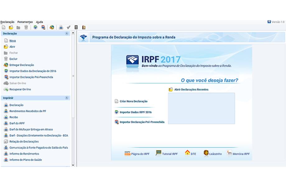 O contribuinte pode escolher iniciar uma declaração do início, clicando em Criar Nova Declaração. Caso tenha salvo na máquina o IRPF 2016, pode pedir para importar os dados para a declaração 2017, utilizando os dados do ano anterior, para agilizar a declaração. Caso o contribuinte tenha certificado digital, pode importar a declaração pré-preenchida, que importará do banco de dados da Receita Federal informações da DIRF, DMED, entre outras obrigações acessórias.