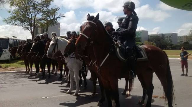 Greve geral em Brasília: cavalaria da Polícia Militar monta cordão de isolamento