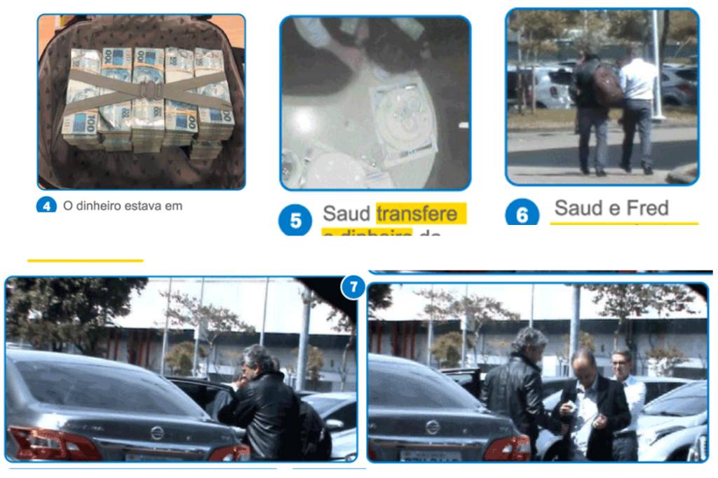 Saud coloca a mala com 500 mil reais em cima da mesa em que almoçam. Fred transfere o dinheiro da mala para uma mochila e os dois seguem para o estacionamento, se despedindo