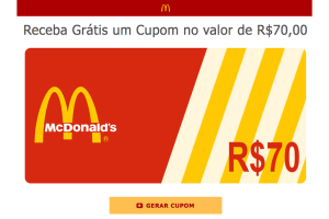 Site divulga cupom falso de 70 reais para compras na rede de fast food McDonald's