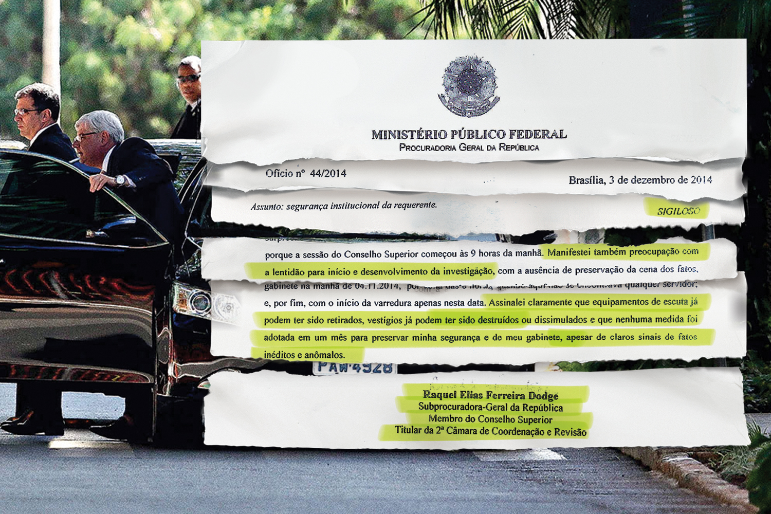 NO GABINETE&ensp;- Janot e seus seguran&ccedil;as, e o fac-s&iacute;mile de um dos documentos assinados por Raquel