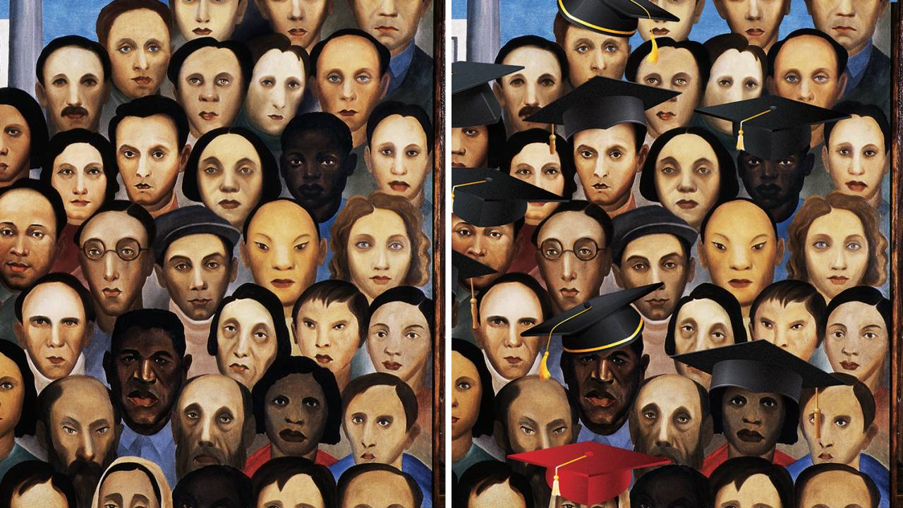 O AVANÇO DAS COTAS - A tela de Tarsila do Amaral (à esq.) e a intervenção de VEJA com os chapéus de formatura: a universidade, pelo menos, abriu as portas