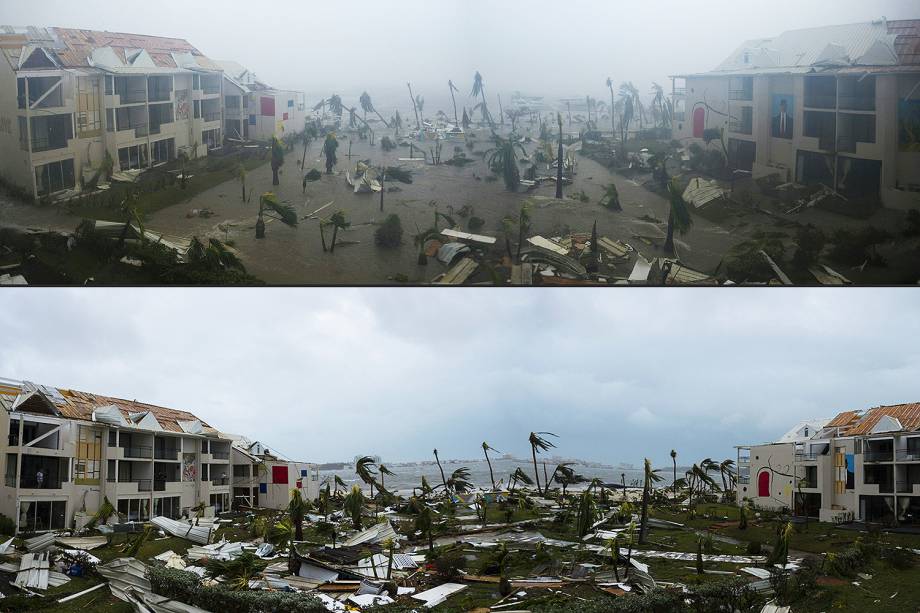 Combinação de imagens dos dias 06 e o7 de setembro, mostra hotel destruído após passagem do furacão Irma pela Ilha de Saint Martin, no Caribe - 07/06/2017