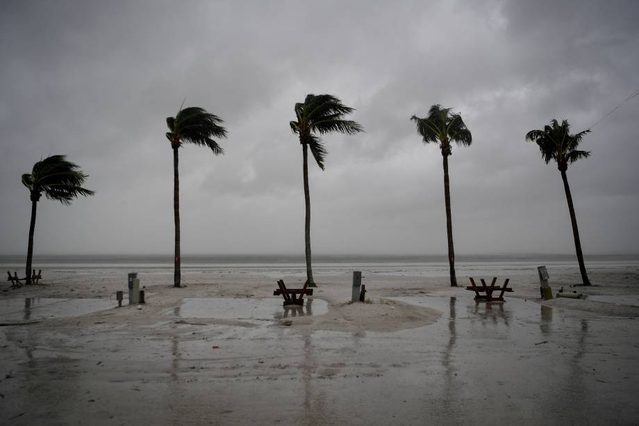 Palmeiras se balançam enquanto o vento sopra e a água se eleva com a aproximação do furacão Irma em Fort Myers Beach, na Flórida (EUA) - 10/09/2017