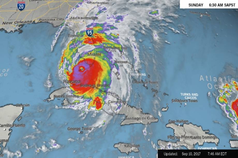 Gráfico apresenta trajeto por onde o furacão Irma passa, no sul dos Estados Unidos e alguns países do norte da América Central