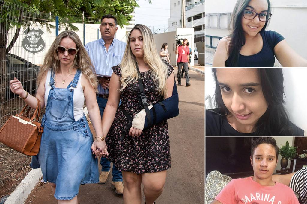 GOIANIA, GO, BRASIL - 25/10/2017 - Adolescente de 14 anos, estudante da 8a série do Colégio Goyases, atira em colegas na sala de aula. Dois estudantes moreram no local e quatro foram feridos. Na foto, uma das adolescentes atingidas (Lara Fleury Borges, 14) deixa a DEPAI (Delegacia de Polícia de Apuração de Atos Infracionais) junto com os pais após prestar depoimento. Foto de Jefferson Coppola