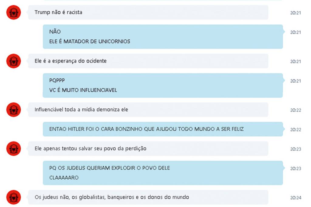 Ideias estranhas – Em conversas por Skype, o garoto (círculo vermelho) tenta convencer um colega de que Hitler e o nazismo foram bons para o mundo