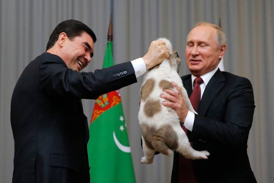 O presidente do Turcomenistão, Gurbanguly Berdimuhamedov, apresenta um cão de pastor turcomano, conhecido localmente como Alabai, ao seu homólogo russo, Vladimir Putin, durante uma reunião em Sochi, na Rússia - 11/10/2017 O presidente do Turcomenistão, Gurbanguly Berdimuhamedov, apresenta um cão de pastor turcomano, conhecido localmente como Alabai, ao seu homólogo russo, Vladimir Putin, durante uma reunião em Sochi, na Rússia - 11/10/2017