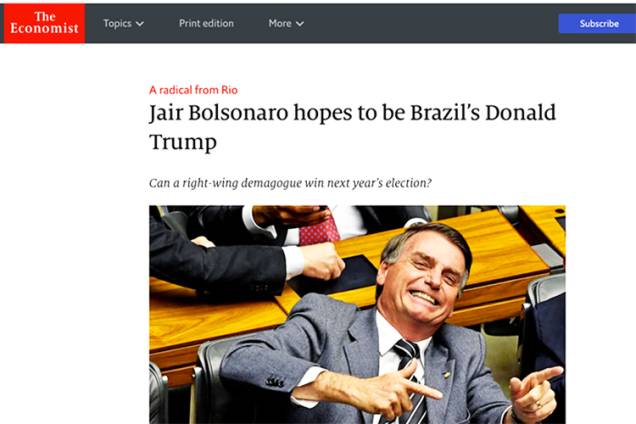 Site da revista ' The Economist' com matéria sobre Jair Bolsonaro Site da revista ' The Economist' com matéria sobre Jair Bolsonaro