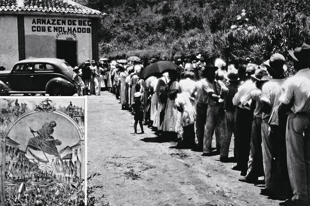PÁGINA VIRADA? – Ilustração sobre o perigo da doença no Carnaval de 1876 (à esq.). Longa fila de cidadãos à espera de imunização contra a febre amarela em 1938 — quatro anos depois, em 1942, seria registrado o último caso urbano brasileiro