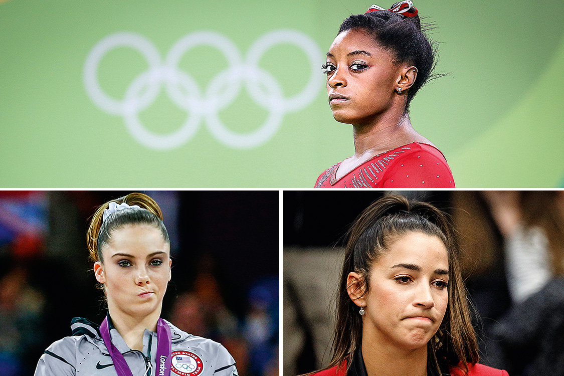 V&iacute;timas &ndash; Simone Biles (acima), cinco medalhas na Olimp&iacute;ada do Rio, demorou, mas admitiu que foi abusada nos &ldquo;tratamentos&rdquo; que Nassar tamb&eacute;m aplicava &agrave; colega de equipe Aly (abaixo, &agrave; dir.) e a McKayla, campe&atilde; em Londres