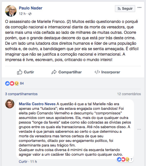 Post de Paulo Nader sobre o assassinato de Marielle Franco