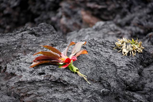 Buquê é colocado sobre lava resfriada após a erupção do vulcão Kilauea, no Havaí - 13/05/2018 Buquê é colocado sobre lava resfriada após a erupção do vulcão Kilauea, no Havaí - 13/05/2018