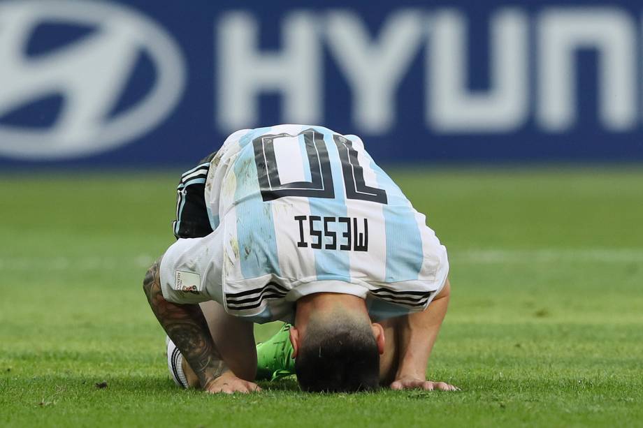 O atacante argentino Lionel Messi durante partida contra a França, válida pelas oitavas de final da Copa do Mundo em Kazan - 30/06/2018