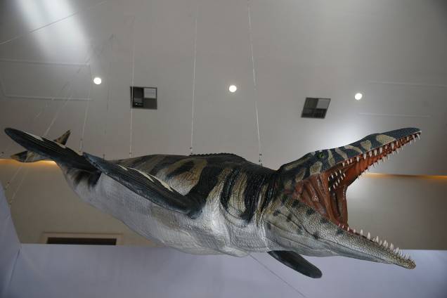 Representação de mosassauro, lagarto marinho do período Cretáceo na exposição 'Quando Nem Tudo era Gelo', organizada pelo Museu Nacional e exposta no Centro Cultural Casa da Moeda , no Rio - 16/01/2019 Representação de mosassauro, lagarto marinho do período Cretáceo na exposição 'Quando Nem Tudo era Gelo', organizada pelo Museu Nacional e exposta no Centro Cultural Casa da Moeda , no Rio - 16/01/2019