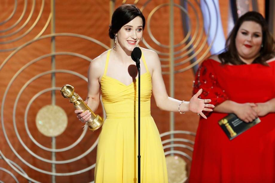 Rachel Brosnahan ganha prêmio na categoria de melhor atriz de série de comédia ou musical em "The Marvelous Mrs. Maisel", durante cerimônia do Globo de Ouro - 07/01/2019