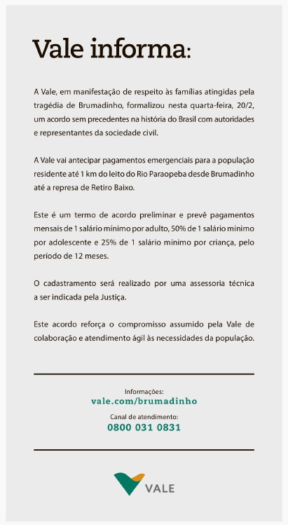 Anúncio da Vale sobre acordo de Brumadinho Anúncio da Vale sobre acordo de Brumadinho