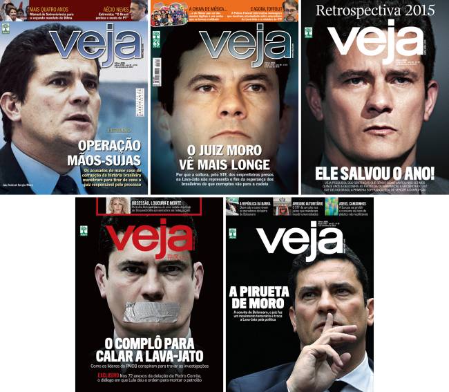 TRATADO COMO HERÓI - O ex-juiz Sergio Moro foi capa de VEJA em diversas oportunidades, a maioria a seu favor: embora ele tenha sido fundamental na luta contra a corrupção, não se pode fechar os olhos ante as irregularidades cometidas