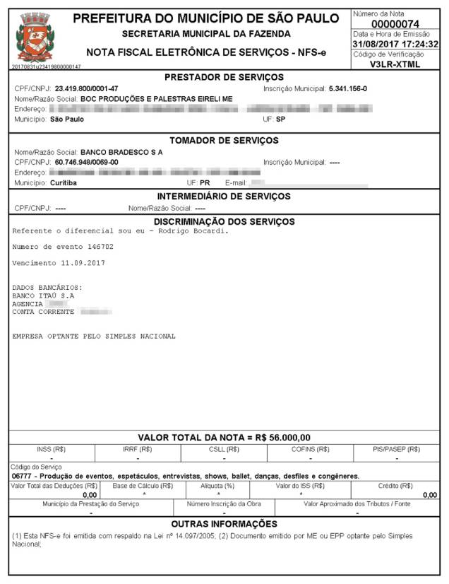 Nota fiscal para receber por serviços prestados ao Bradesco: emitida em 2017 Nota fiscal para receber por serviços prestados ao Bradesco: emitida em 2017