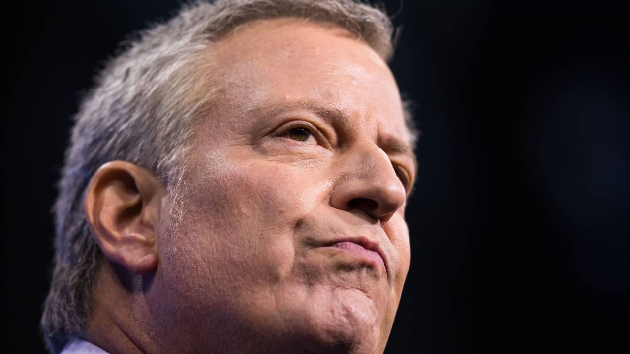O prefeito de Nova York, Bill de Blasio: fora de debate em Houston por não ter 2% das intenções de voto nem 130.000 doadores - 07/09/2019
