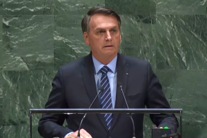 Presidente Jair Bolsonaro em discurso na Assembleia-Geral da ONU, em 2019.