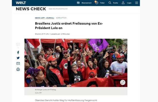 O espanhol El País relembra que a soltura de Lula está associada à decisão do Supremo de quinta-feira 7 que 'condenados só serão presos quando em trânsito julgado' - 8/11/2019