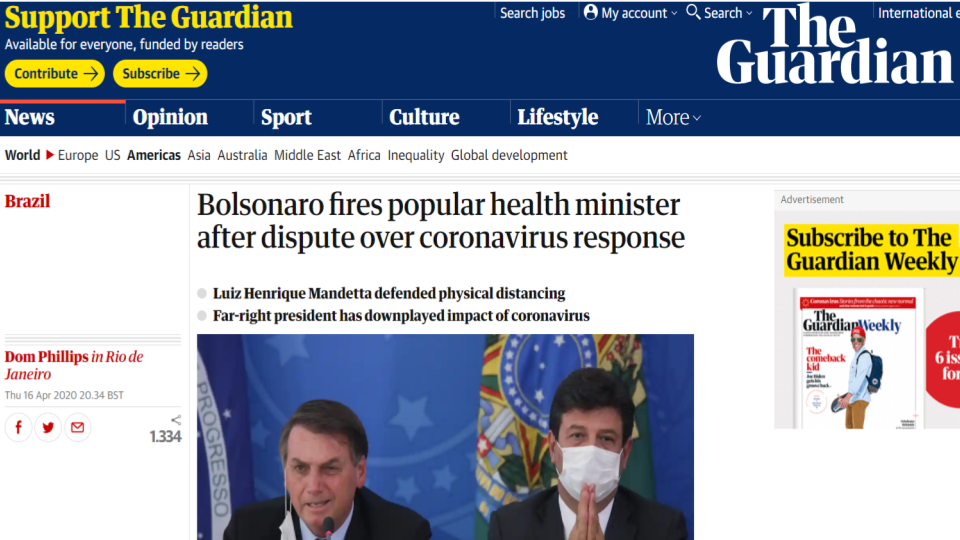 The Guardian repercute demissão de Mandetta por Bolsonaro