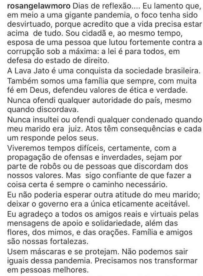Texto postado por Rosângela Moro no Instagram Texto postado por Rosângela Moro no Instagram
