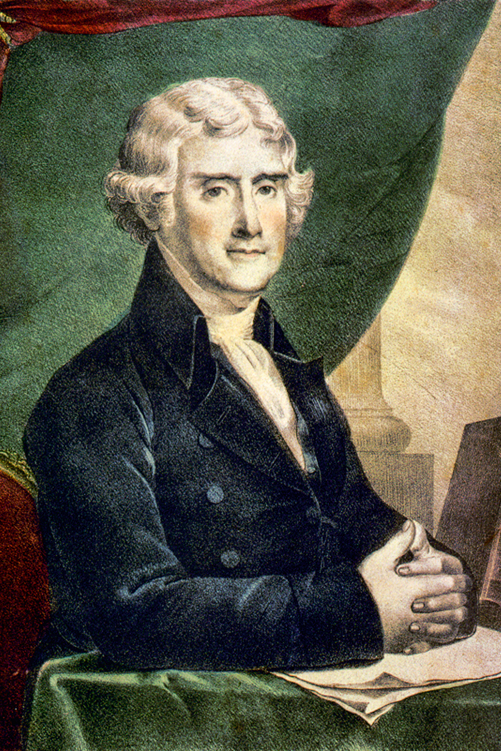 Thomas Jefferson (1743-1826) Third President of the United States 1801-1809. Coloured lithograph half-length portrait of Jefferson seated at desk, c1845. Thomas Jefferson (1743-1826) Third President of the United States 1801-1809. Coloured lithograph half-length portrait of Jefferson seated at desk, c1845.