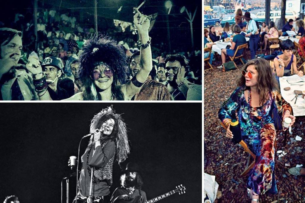 Janis_Joplin A VIDA É UMA FESTA - Cenas de Janis: no Carnaval do Rio (no alto, à esq.); um dos últimos shows, no Shea Stadium (à esq.); e bebendo espumante nos bastidores de Woodstock -