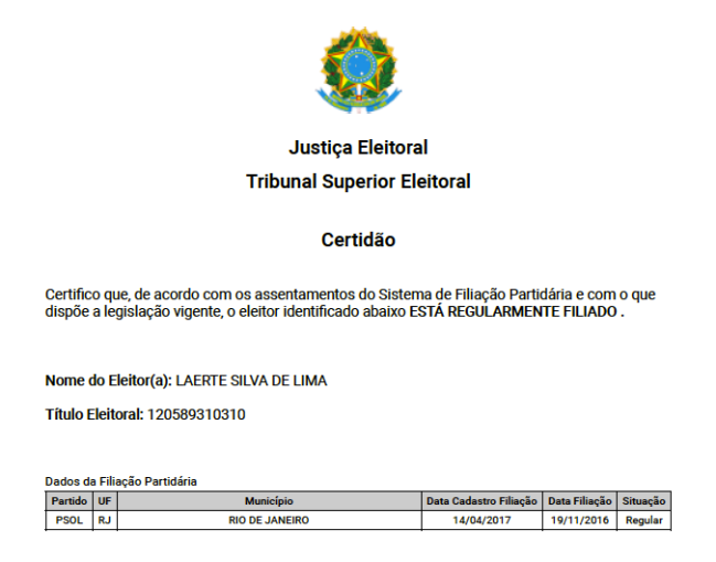 Captura de Tela 2020-12-07 às 13.15.41 Reprodução da Certidão de Filiação Partidária de Laerte