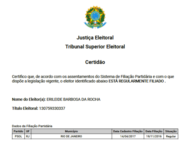 Captura de Tela 2020-12-07 às 13.18.33 Fac-simile da Certidão de Filiação Partidária de Erileide, presa em decorrência da Operação Intocáveis 2