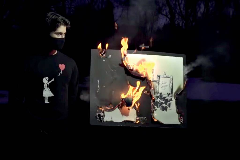 FRAME – GRAFITE MORONS – BANKSY QUEIMA 4.jpg CONVERSÃO - Queima de um Banksy: obra física deu lugar a imagem digital -