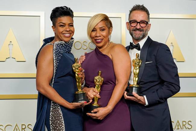 93rd Annual Academy Awards – Press Room LOS ANGELES, CALIFORNIA – APRIL 25: (L-R) Mia Neal, Jamika Wilson, and Sergio Lopez-Rivera, winners of Makeup and Hairstyling for