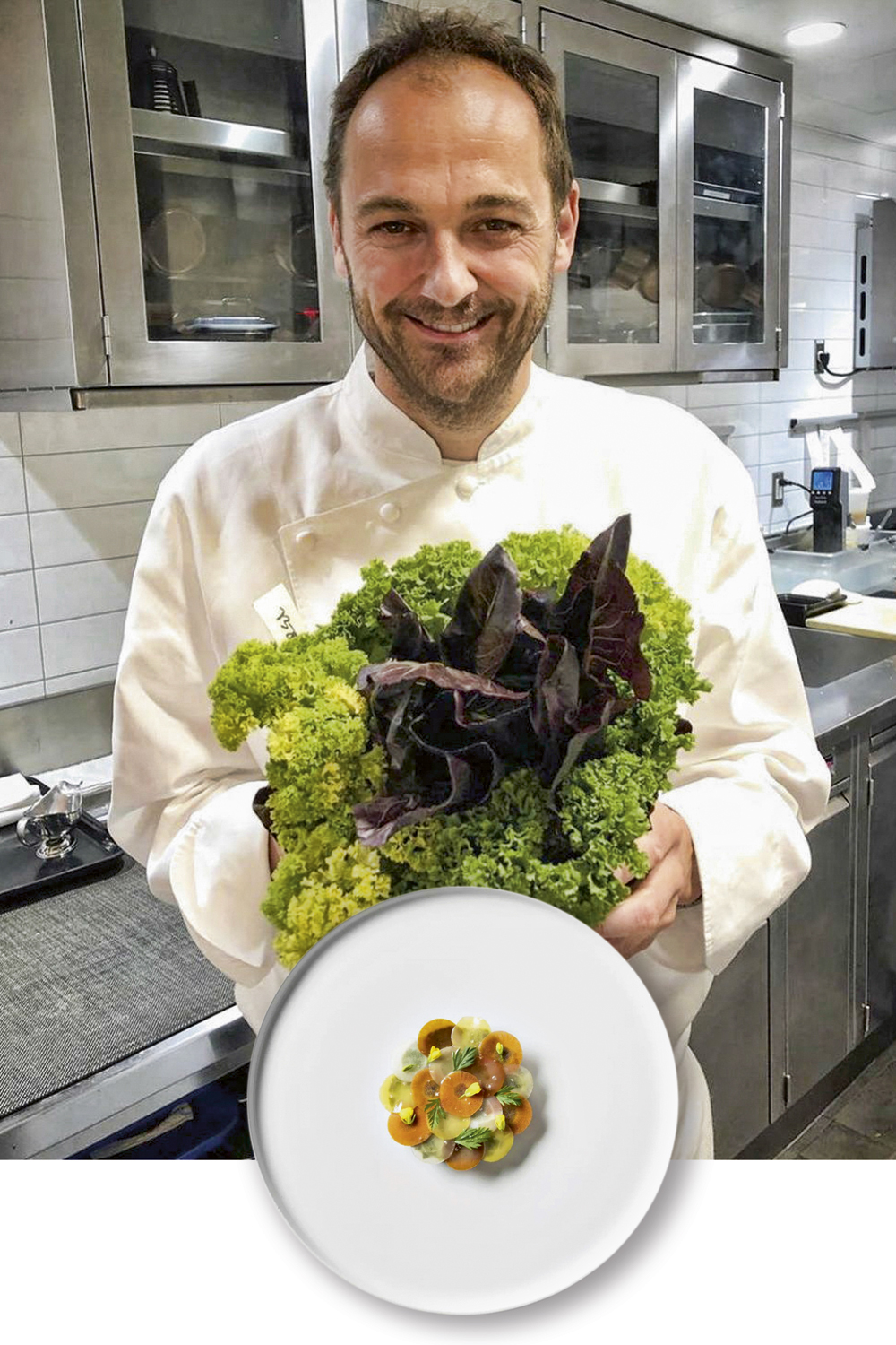 CHEF-DANIEL-HUMM—INSTAGRAM-@ELEVENMADISONPARK-60-2021-.jpg REVIRAVOLTA - Humm, chef do Eleven, três-estrelas de Nova York: agora, só pratos plant-based, como a receita ao lado, à base de cenoura em variadas cores e texturas, urtiga cremosa, flor de mostarda e tomilho -