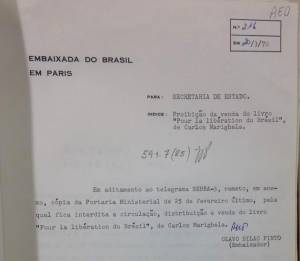 Embaixador Olavo Bilac Pinto informa a ditadura sobre a proibição do livro de Marighella