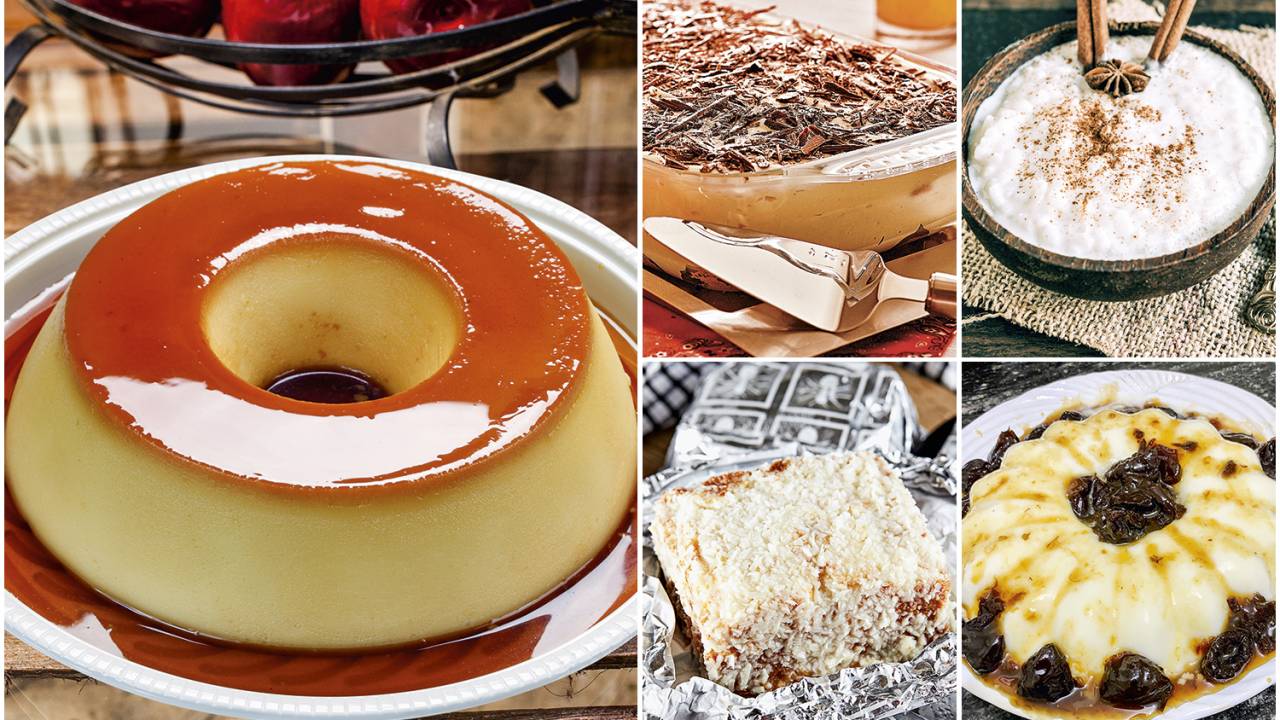 VOVÓ FAZIA - Pudim de leite (no topo) e, no sentido horário, pavê, arroz-doce com canela em pau como enfeite, manjar e bolo felpudo em papel de alumínio: as incertezas despertadas pela pandemia levaram muita gente a procurar conforto no consumo de pratos associados a lembranças da infância -