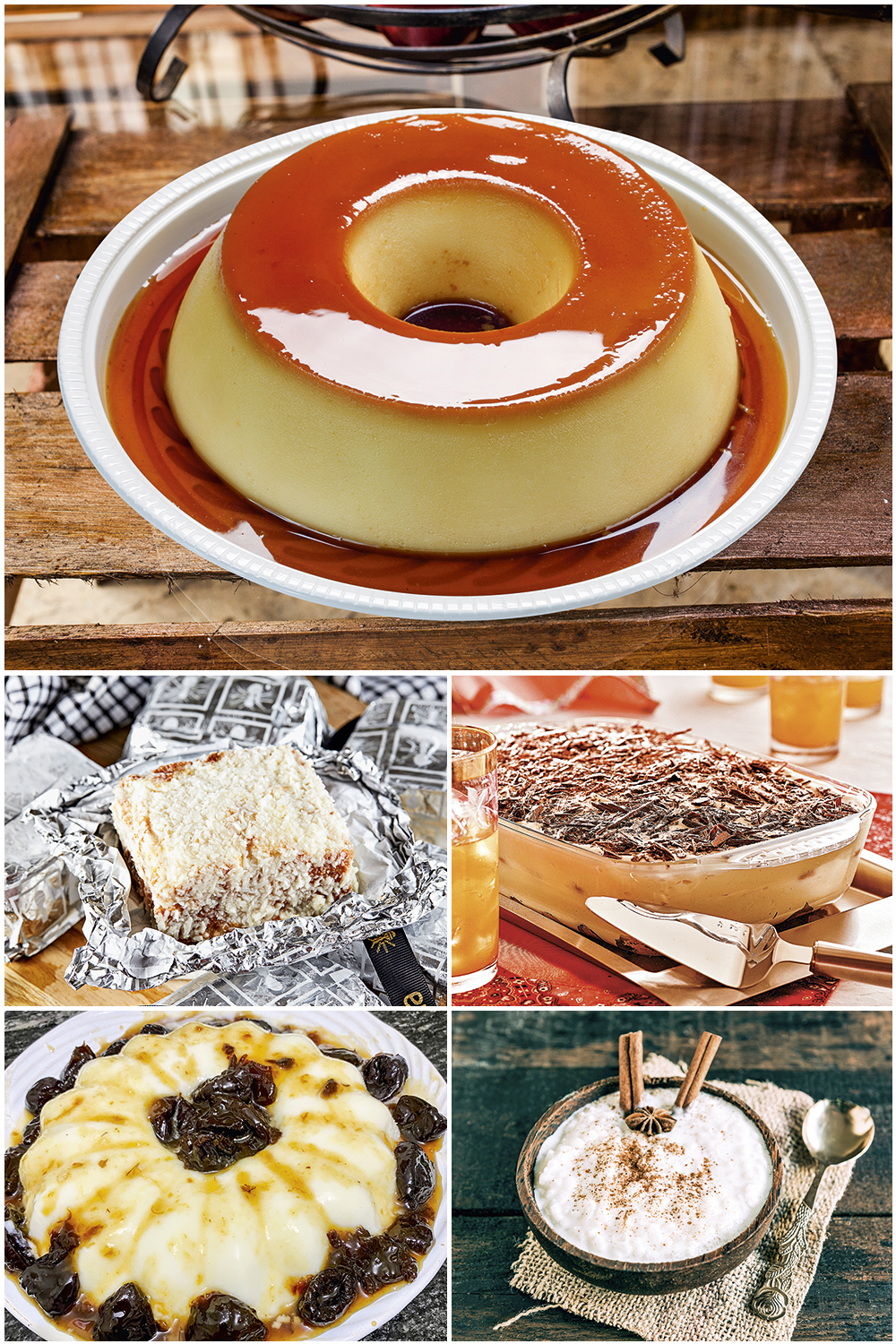GettyImages-1220439285.jpg2 VOVÓ FAZIA - Pudim de leite (no topo) e, no sentido horário, pavê, arroz-doce com canela em pau como enfeite, manjar e bolo felpudo em papel de alumínio: as incertezas despertadas pela pandemia levaram muita gente a procurar conforto no consumo de pratos associados a lembranças da infância -