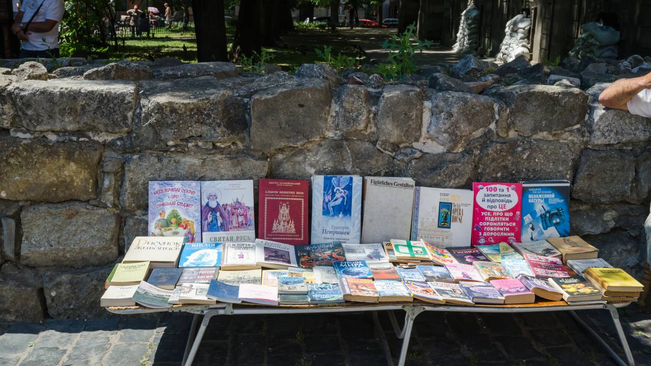LVIV, UKRAINE - JUNE 9: Vintage products and books on sale at the flea book market in Lviv, Ukraine, June 9, 2022 as Russia-Ukraine war continues. (Photo by Olena Znak/Anadolu Agency via Getty Images)