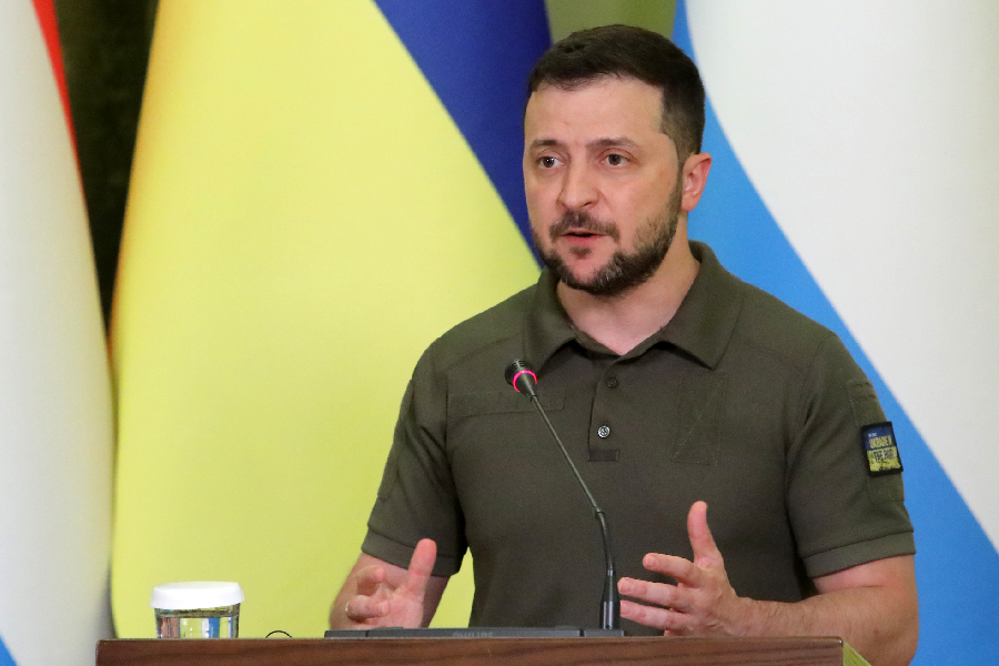President of Ukraine Volodymyr Zelenskyy speaks during a joint briefing with the Prime Minister of Grand Duchy of Luxembourg Xavier Bettel in Kyiv, capital of Ukraine