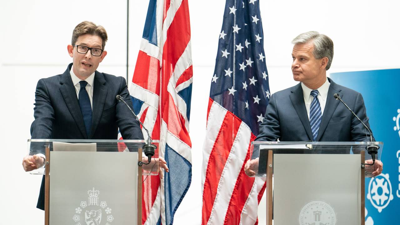 MI5 Director General Ken McCallum (left) and FBI Director Christopher Wray at a joint press conference at MI5 headquarters, in central London. Picture date: Wednesday July 6, 2022. (Photo by Dominic Lipinski/PA Images via Getty Images)