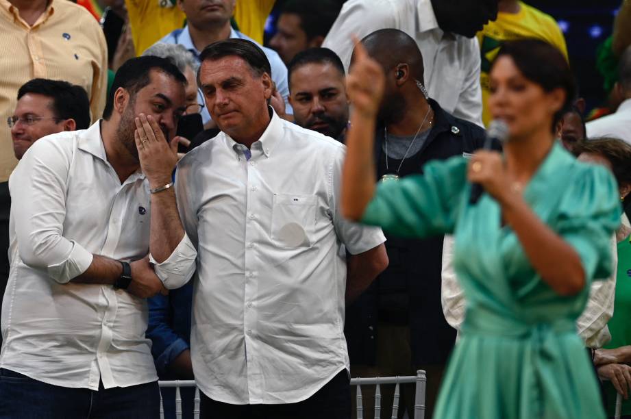 O presidente Jair Bolsonaro, governador do estado do Rio de Janeiro, Cláudio Castro e a primeira-dama Michelle Bolsonaro, durante o lançamento de sua candidatura `a reeleição para presidente da República, durante a convenção nacional do Partido Liberal (PL),  realizada no ginásio do Maracanãzinho no Rio de Janeiro, em 24/07/2022.