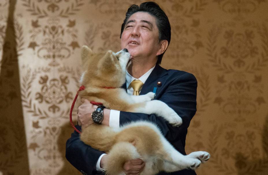 O ex primeiro-ministro japonês Shinzo Abe, segura um cão filhote de Akita, chamado Masaru em seus braços durante sua visita oficial `a Moscou, Rússia, em 26/05/2018. O ex primeiro-ministro japonês Shinzo Abe, segura um cão filhote de Akita, chamado Masaru em seus braços durante sua visita oficial `a Moscou, Rússia, em 26/05/2018.